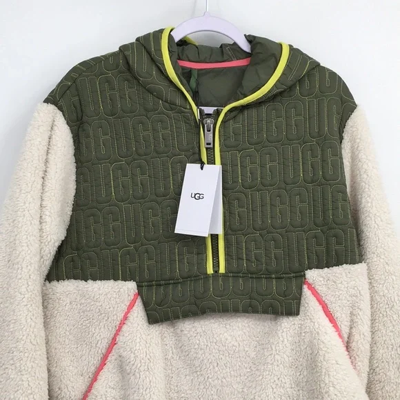 UGG Iggy Sherpa Hooded Half Zip Fleece Pull Over Jacket Olive Womens Large $198 - Picture 2 of 12